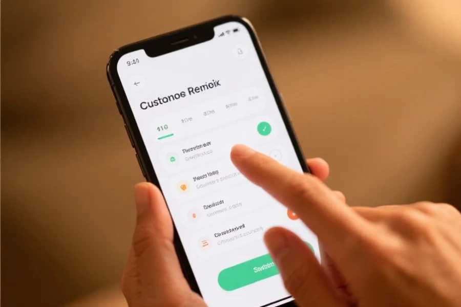 智能手机界面显示自定义提醒设置，用户正在选择提醒时间和内容，画面温馨友好