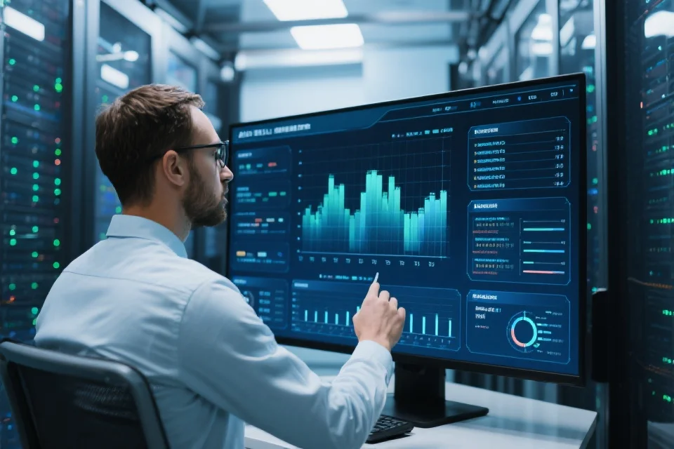 技术工程师在数据中心检查服务器状态，屏幕上显示实时数据流动