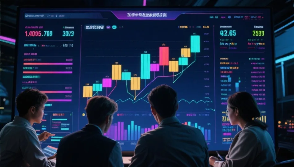 彩色数据走势图在高清大屏幕上展示，几位用户在认真分析数字与走势，画面科技感十足